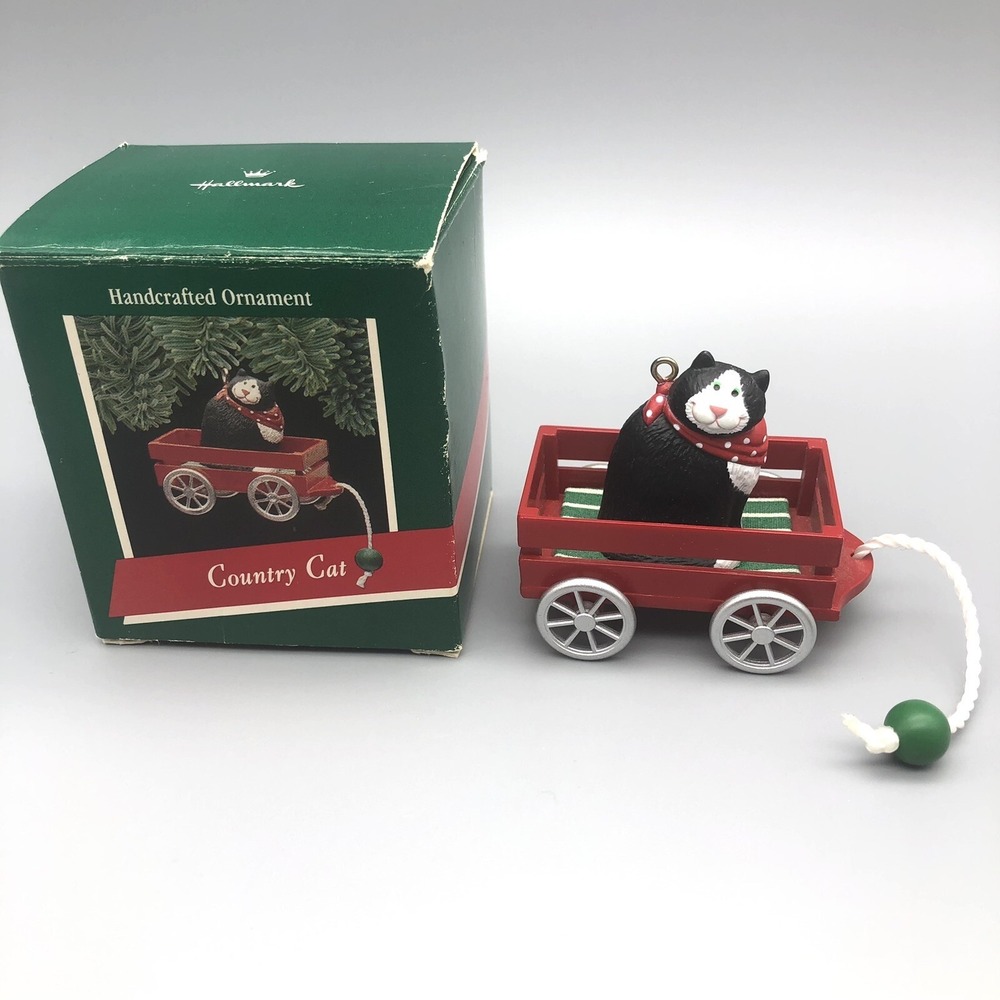 Vtg 1989 Hallmark Christmas Tree Ornament Country Cat in a Red Wagon Black Kitty